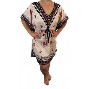 NWT Boho Style Cream Black Caftan Swim Beach Cover up Tunic Dress L XL XXL OS